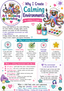 I believe children are more able to relax, create and communicate when they feel **safe, comfortable and unhurried**. That is why I put a lot of thought into the environment around each child. I use things such as **soft lighting, sensory lights, calming music, comfortable spaces, creative materials and fidget or sensory items** to help make sessions feel welcoming rather than clinical or formal. For some children, particularly neurodivergent children, busy environments, bright lights, lots of noise or too many demands can feel overwhelming. Creating a calmer space can help reduce some of that pressure and allow the child to settle in at their own pace. There is no expectation to sit perfectly still, make eye contact or talk about feelings. A child might want to draw while we chat, use a fidget, listen to music, explore the materials or simply take some time to become comfortable in the space. I want children to walk into an Art Wellbeing Workshop session and feel that they can **just be themselves**. When a child feels calm and accepted, creativity can become a wonderful way to explore, express and connect. 🐙 **A calm space. A creative space. A space to be you.**